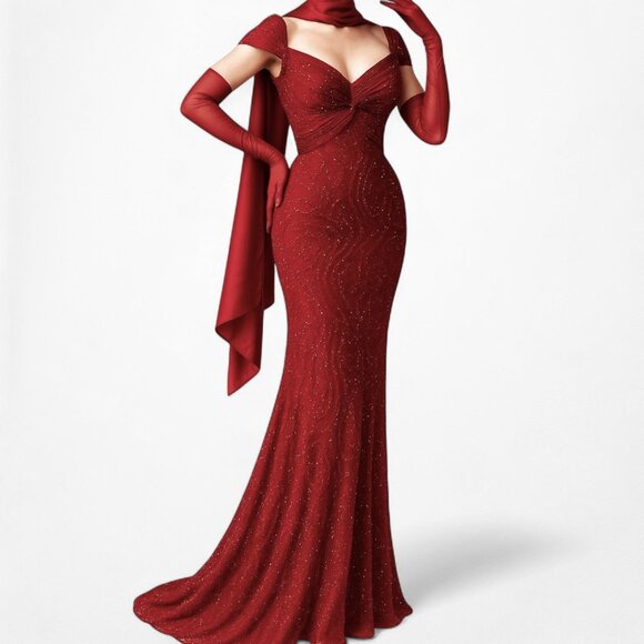 Vintage Red Beaded Fit Flared Silk Bodycon Maxi Prom Scarf Dress Size S/M - Picture 1 of 11
